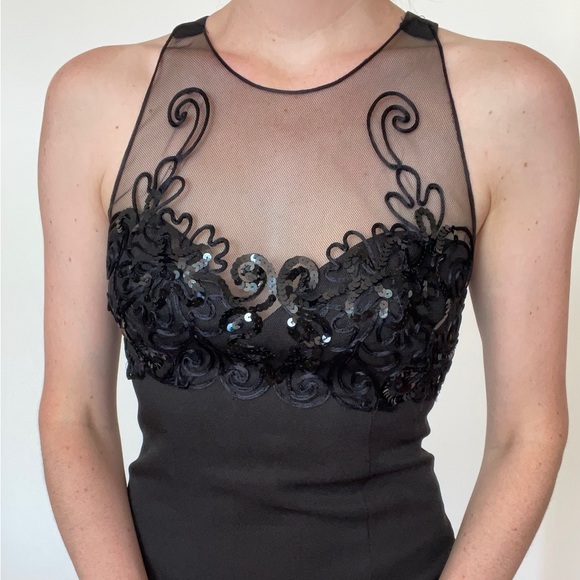 Faviana NY black evening dress / maxi / mesh with sequins - Picture 10 of 12